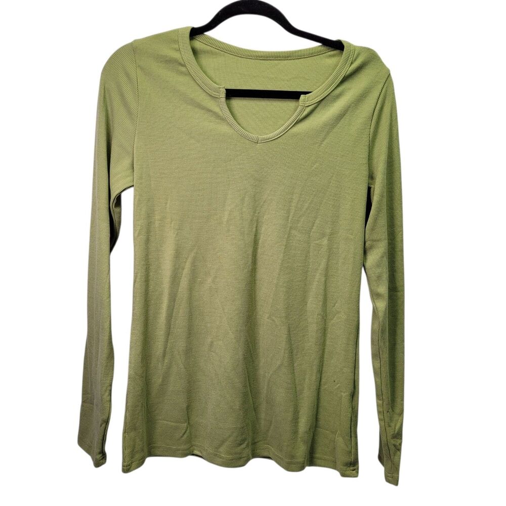 Women's Tops Notch Neck Long Sleeve Ribbed Knit T-Shirt Slim Fitted Green Large